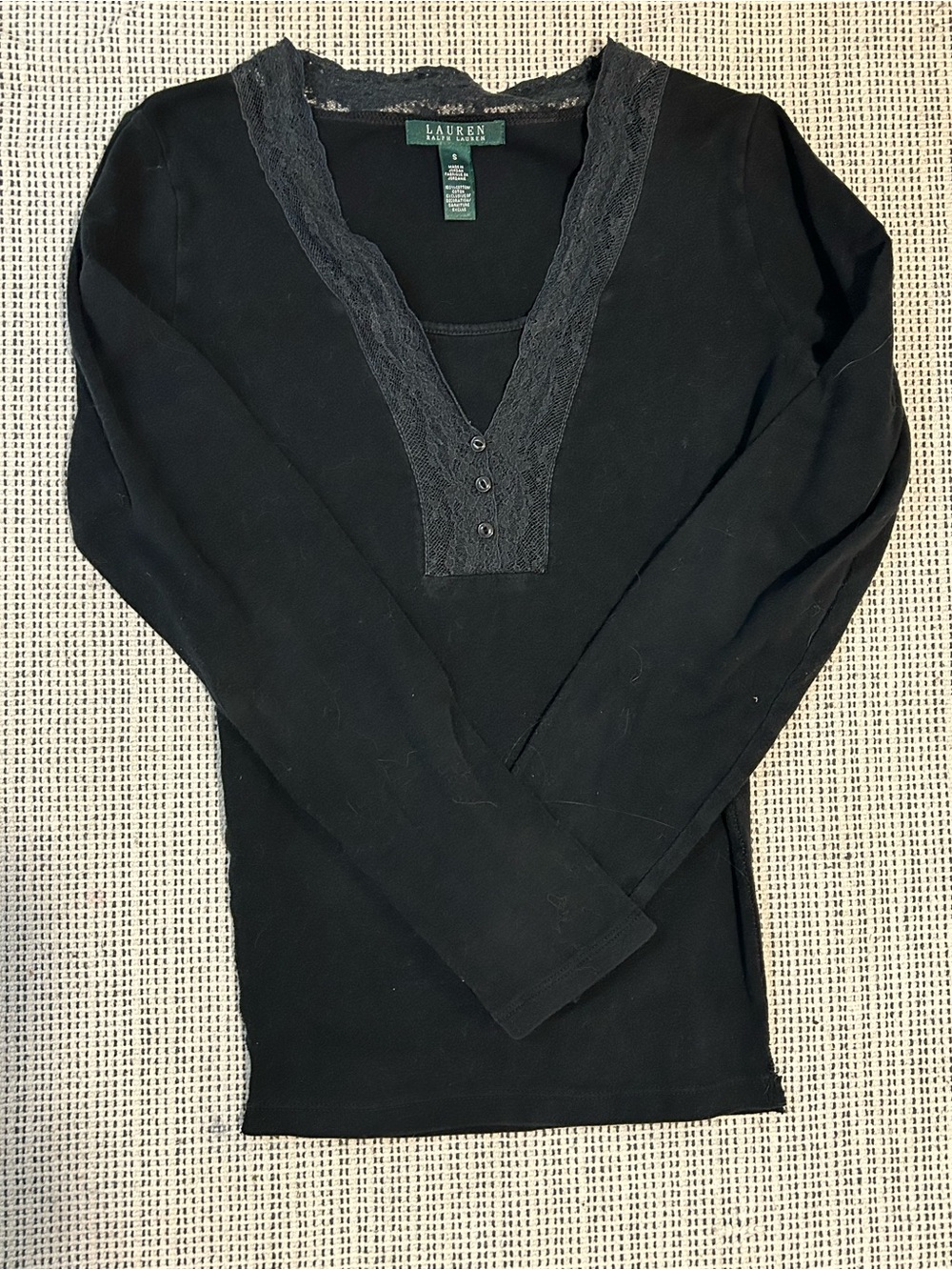 Lauren Ralph Lauren Black Lace-Trim Long Sleeve Henley